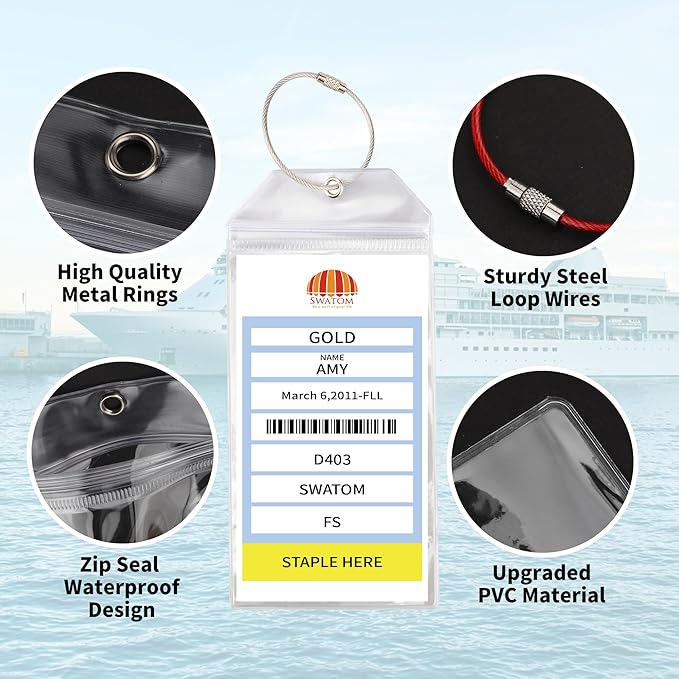 SWATOM Cruise Luggage Tags for Suitcases 4 Sets Carnival, NCL, Princess & MSC Waterproof Clear Luggage Bag Tag Holders for 2025 & 2026 Cruise Ships Essentials