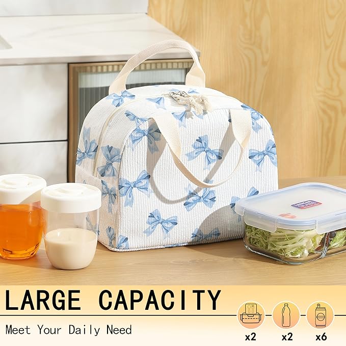 lunch bag for women,bento box adult for work,insulated lunchbox cooler containers,leakproof corduroy lunchbag,lunch tote for school college offices,outdoor picnic travel (Blue Bow Tie)