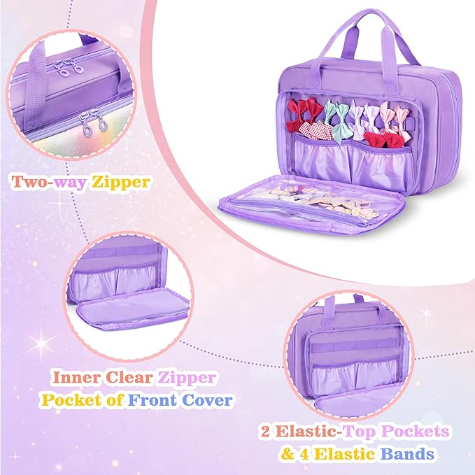 Hanging Hair Accessories Organizer, Bow Holder for Bay Girls, Travel Hair Storage Hook Bag For Clips, Ties, Headbands, Scrunchies, Purple