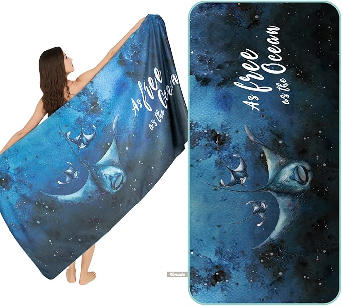 Umade Oversized Microfiber Beach Towel, L 73" x 35.5" - Sand Free Quick Dry Lightweight Travel Towel, Hanging Loop & Elastic Strap, Manta Rays Design (Deep Blue)