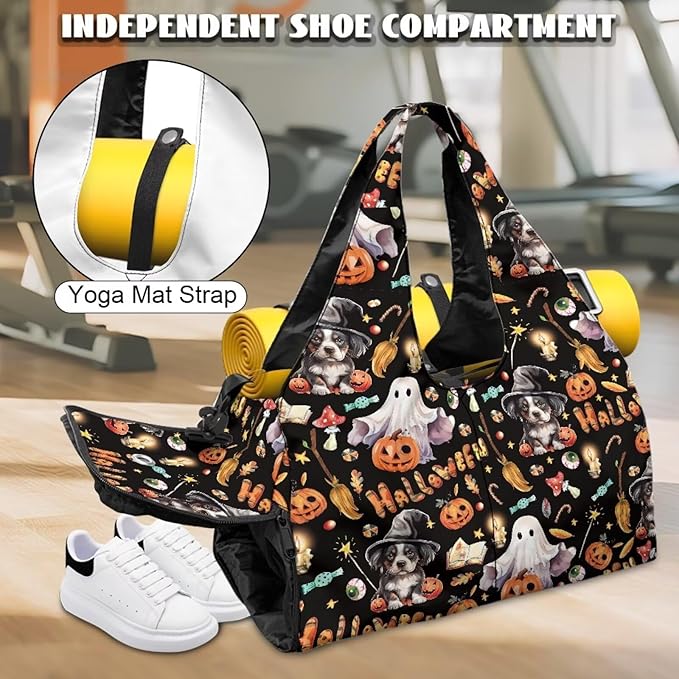 Halloween Ghost Pumkin Gym Bag for Women with Shoe Compartment and Yoga Mat Holder Lightweight Duffel Bag for Sports Overnight Weekender Travel Carry On Bags Spooky Halloween Decor