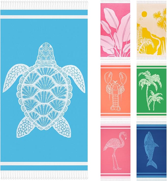 Oversized Cotton Turkish Beach Towels 72"x36" Lightweight Quick Dry Sandless Pool Swim Towel Large No Sand Adult Travel Compact Blanket Essentials Cruise Accessories Must Haves Light Blue Turtle