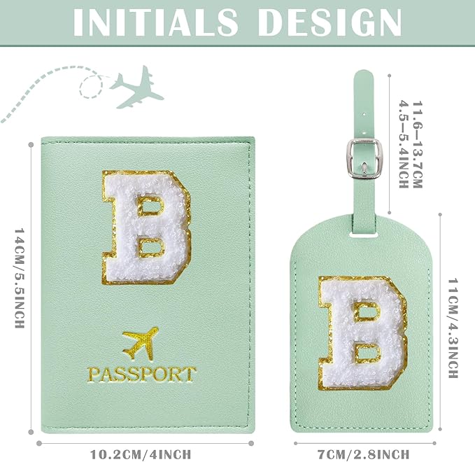 COSHAYSOO Green Initial Passport Cover and Luggage Tag Set TSA Approved with Chenille Letter Patch for Women Teenage Girls, 2 Pcs Double Passport Holder Best Bag Suitcase Identifier (B)