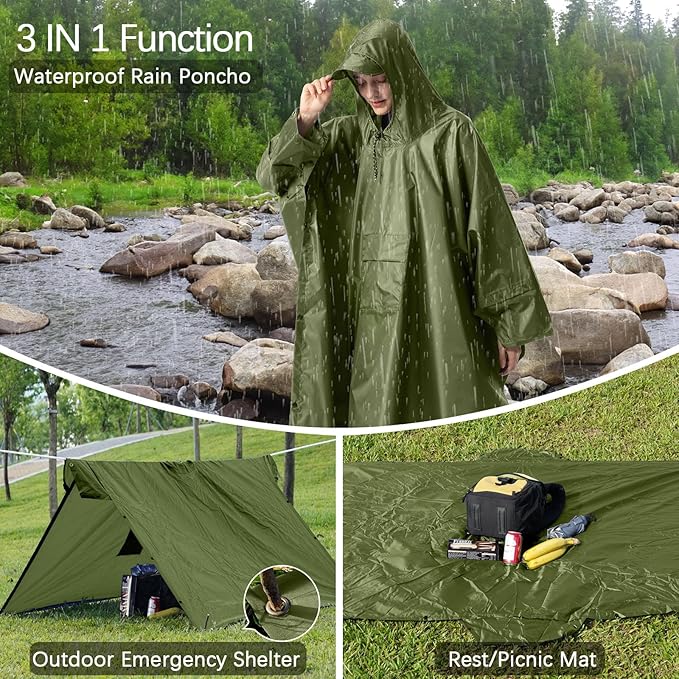 NUUR Rain Poncho for Women Adults Unisex Hooded Zipper Raincoat Waterproof Reusable Hiking Rain Coat with Pockets