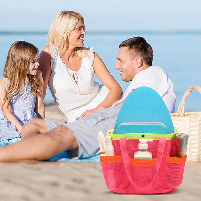 Mesh Beach Bag, Foldable Waterproof Sandproof Beach Storage Tote with 6 Pockets, Swim Tropical Vacation Pool Essential