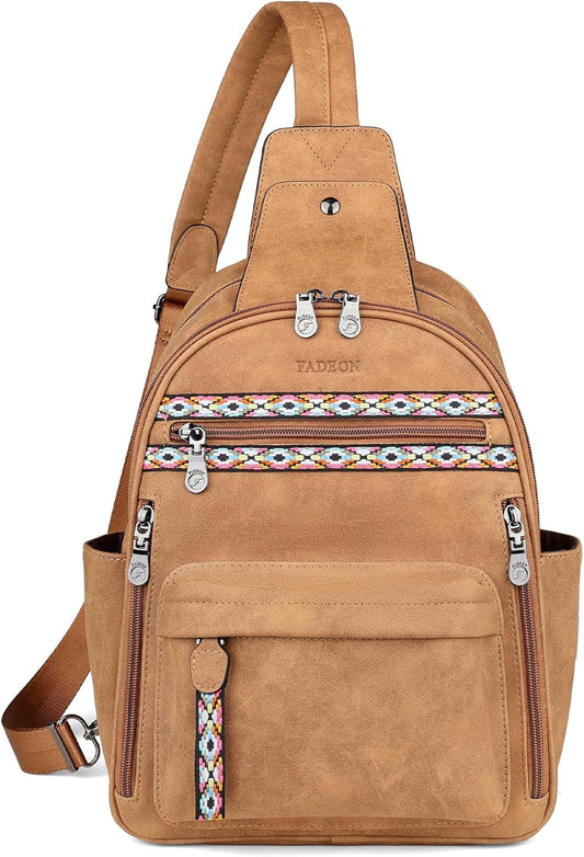FADEON Large Sling Bag for Women, Leather Crossbody Purse Designer Anti Theft Sling Backpack, RFID Fanny Packs for Travel