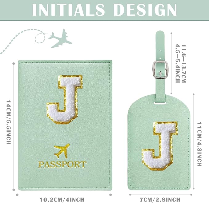 COSHAYSOO Green Initial Passport Cover Holder and Luggage Tag Set TSA Approved with Chenille Letter Patch ABC for Women Teenage Girls, Travel Essentials Must Have Stuff Bag Suitcase Identifier (J)