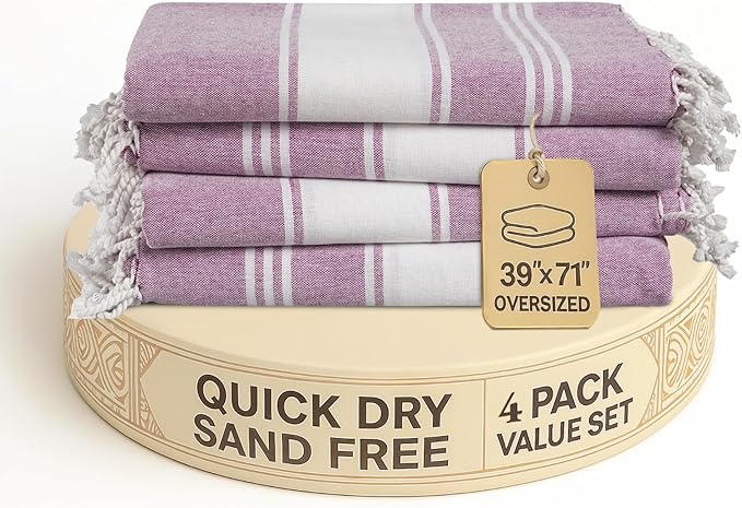 LANE LINEN Beach Towels 4 Pack Oversized - Turkish Towel Set, Pre-Washed Oversized Beach Towel, Quick Dry Beach Towels for Travel, Beach Towel Large, 39"x71" - Regal Orchid