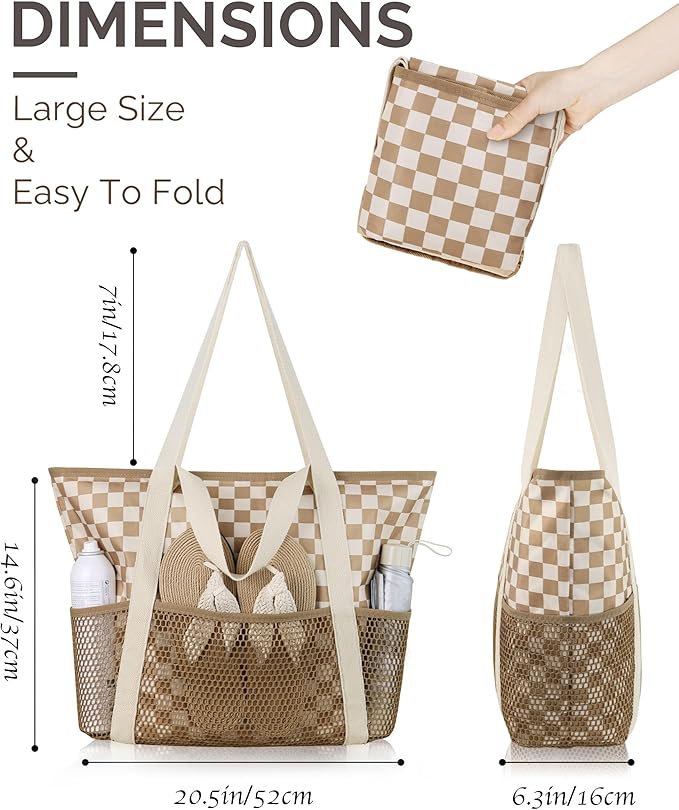 HOMESPON Beach Bag Large Waterproof Sandproof Foldable Tote for Women with Zipper Mesh Pockets for Pool Swim Travel Everyday