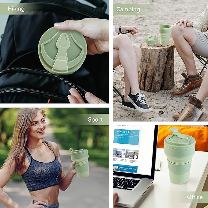 2Pcs Collapsible Cup for Traveling, Collapsible Silicone Travel Cup for Hot and 2 Drinks, Leak Proof Silicone Folding Travel Coffee Mug for Camping & Hiking, BPA Free 12oz Green