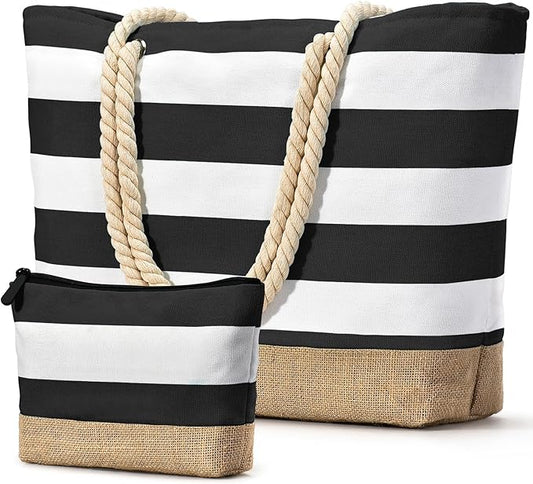 Becokan Beach Bag Initial Beach Tote with Makeup Bag for Travel Work Storage Personalized Birthday Gifts for Women Her