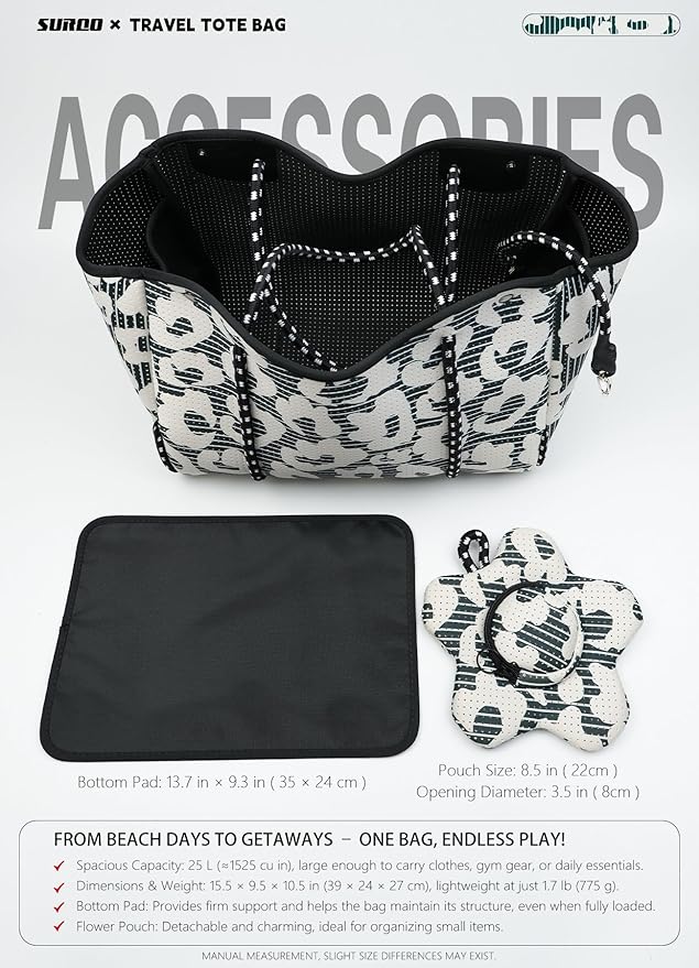 Neoprene Tote Bag for Women, Large Travel Beach Bag with Detachable Pouch, Stylish Lightweight Everyday Carryall