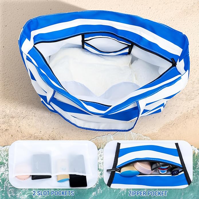 Iioscre Beach Bag for Women, Causal Hobo Pool Bags with Zipper Inner Pocket, Foldable Swim Tote Bag for Vacation Essentials