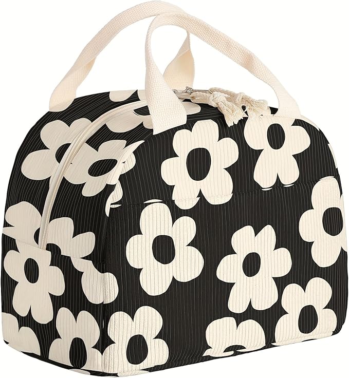 Insulated Lunch Box for Women and Men,Corduroy Lunch Bags for Work,Leakproof Adults Cooler Tote Bag for Offices,Picnic,Travel,Outdoor (flowers)