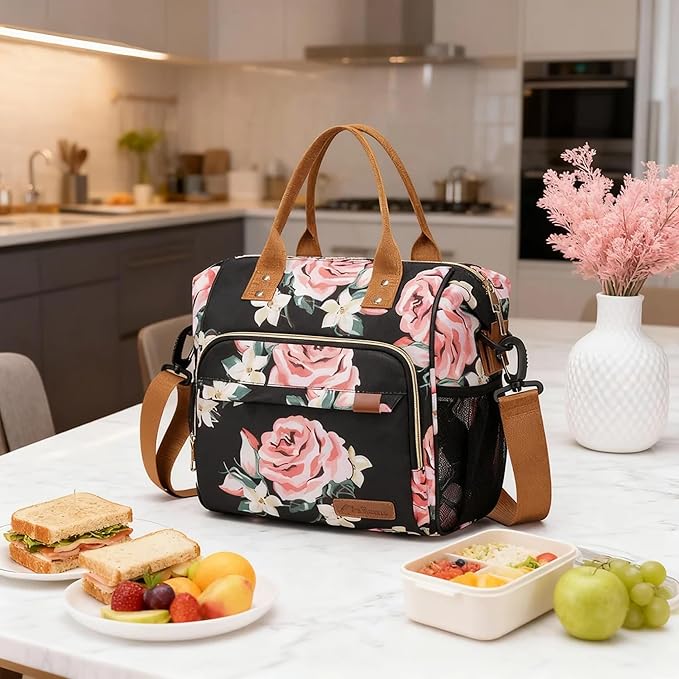 TuErCao Lunch Box for Women Adult Insulated Lunch Bag for Female Teacher Nurse Mom, Fashion Ladies Lunch Tote Bag for Work, Peony