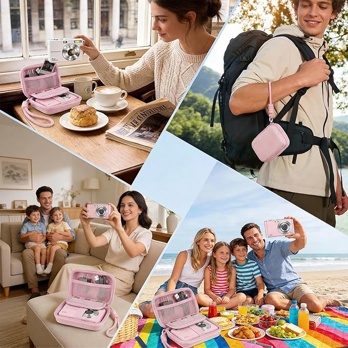 Digital Camera Case Compatible with CAMKORY Digital Point and Shoot/for KODAK PIXPRO FZ45/55 16MP Vlogging/for VAHOIALD FHD 1080P/for IWEUKJLO/for Nsoela, Holder for SD Card More (Pink)