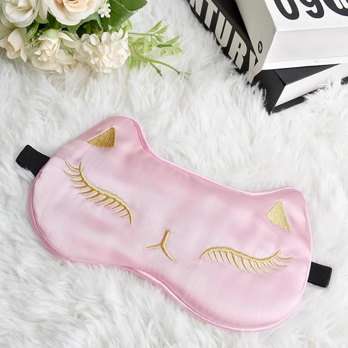 Cute Cat Silk Sleep Mask Adjustable Eye Mask Sleeping Mask Eye Cover Soft Satin Blindfold Eye Shade for Girls Women Men Travel Nap - Pink