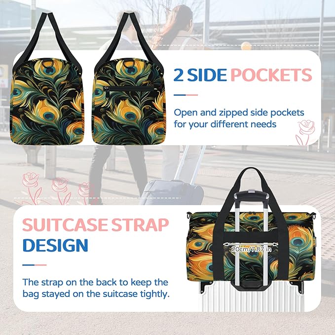 Peacock Feather Travel Duffle Bag for Women Men, Overnight Weekender Bag, Carry on Tote for Sport Gym