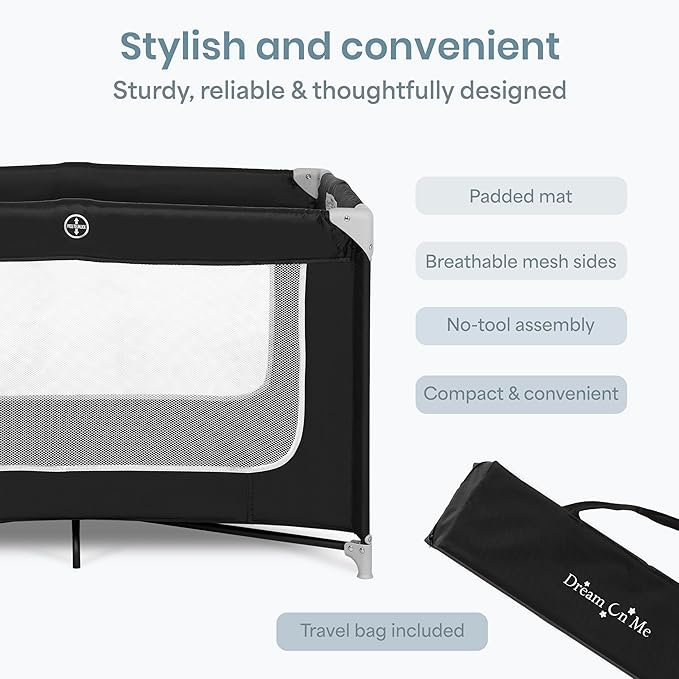 Dream On Me Zodiak Baby Playard, Breathable Mesh Sides, Soft Comfortable Mattress, Quick & Easy to Fold with Travel Carry Bag, Compact Space Saving Design - Black