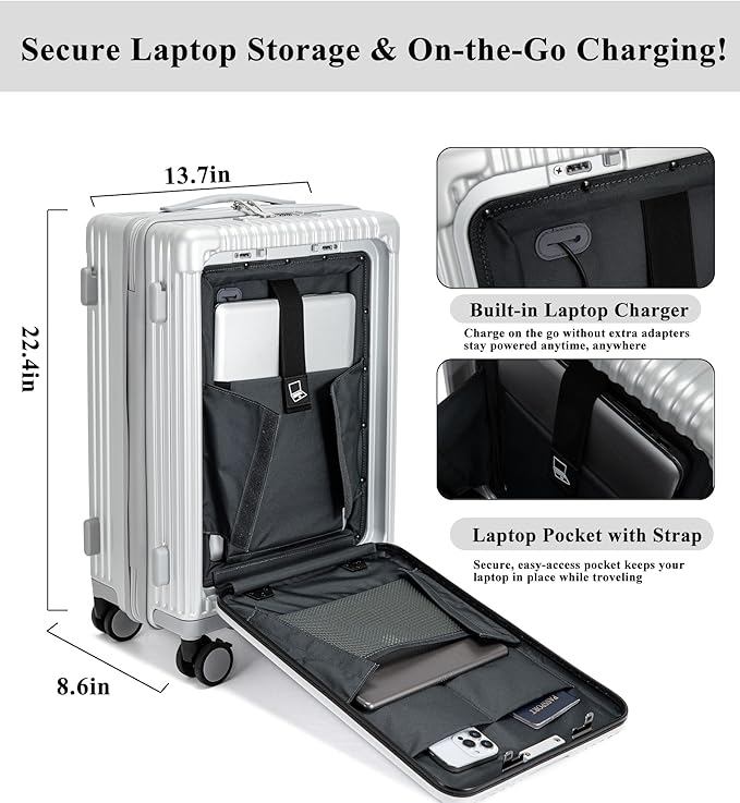 feilario 20in Hardside Spinner Wheel Luggage with Zipper Closure, Built-In TSA lock Carry on Suitcase, with Cup Holder & USB Port & Phone Holder White(with zipper closure, 20in)
