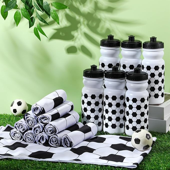 24 Pcs Sport Party Favors Include 12 Pcs 20 oz Plastic Soccer Football Basketball Water Bottles Bulk 12 Pcs 40"x12" Softball Baseball Cooling Towels for Soccer Sport Team Gift