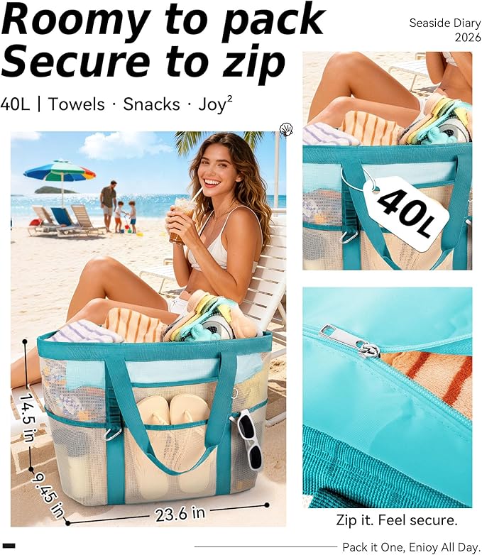 2026 Chic & Spacious XX-Large Beach Bag for Women — Mesh × Canvas Tote with Top Zipper, 11 Pockets, Detachable Pouch | 40L+ Spacious, 11 Tall Pockets, Zipper Pouch, Secure Zip-Top, Sand-Resistant Base