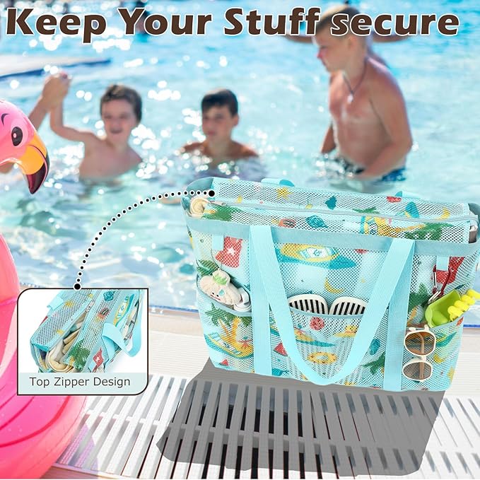 Mesh Beach Bag with Zipper, Large Beach Tote for Women, Toys Pool Swim Bag Travel Vacation Cruise Essentials
