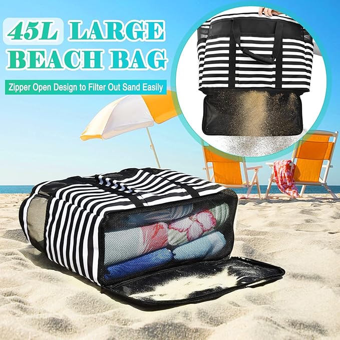 Large Beach Bag with Zipper, 12 Pockets Waterproof Sandproof Pool Bag Womens Mesh Beach Tote Bag for Travel Vacation