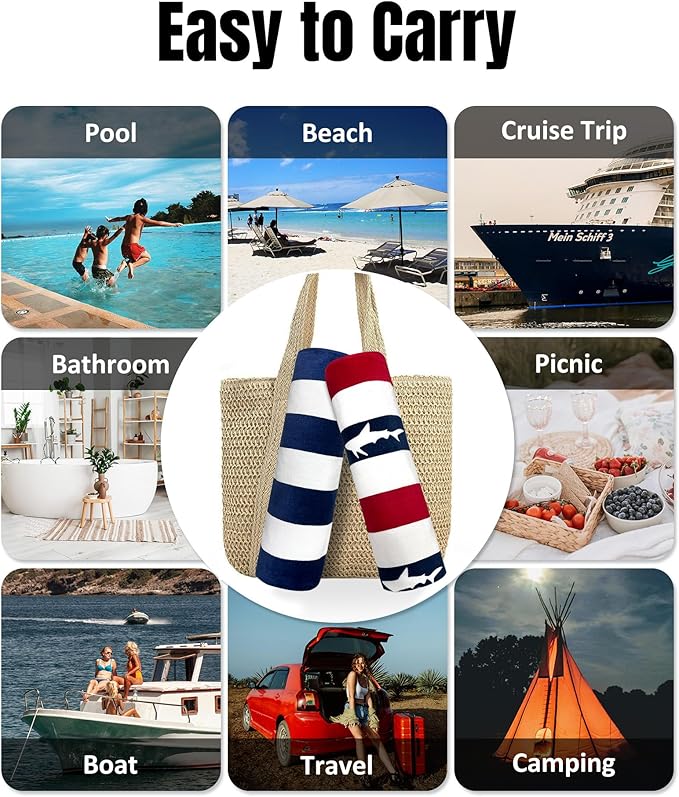 cabanana Large Beach Towel Oversized - Cotton Velour 35 x 70 Inch Shark Striped Terry Pool Towel, Cabana Soft Swimming Towel for Adults Women Men (Navy Red)