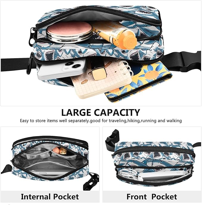 Sharks with Wide Open Mouths Fanny Pack for Women Men Water Resistant Fashion Waist Packs with Adjustable Strap Belt Bag for Travel Workout Jogging Hiking 21219007