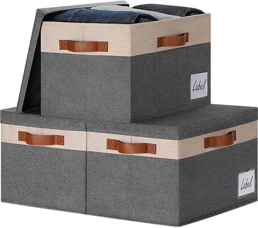 GhvyenntteS Fabric Storage Bins with Lids 3 Pack, Large Fabric Storage Baskets with Lid and Handles, Foldable Closet Organizers and Storage boxes with Label Window for Home (Beige, 15" x 11" x 9.7")