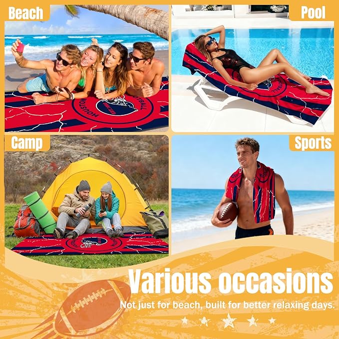 2 Pack Football Fan Thin Lightweight Microfiber Beach Towel Houston Themed XL Sand Free Oversized Towels Men Women Texans Team Dad Husband Birthday Valentines Novelty Hilarious Naughty