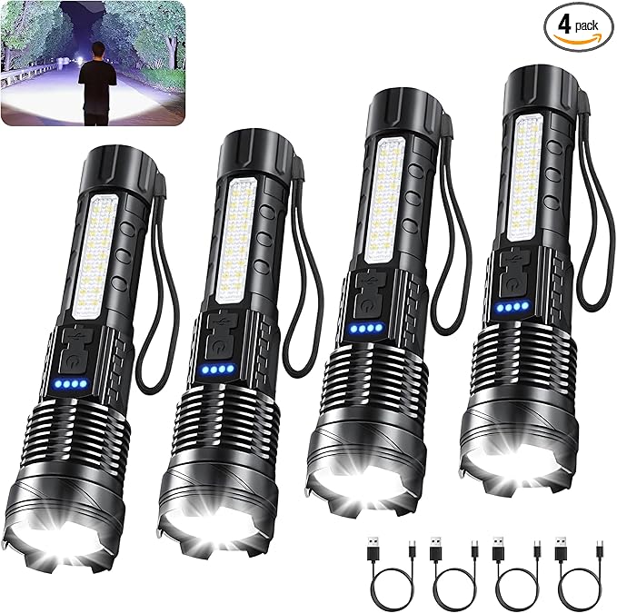 Rechargeable Flashlights High Lumens, 7Mode Super Bright Flashlight Powerful, Adjustable Tactical Flash Light High Powered, LED Flashlights for Home Emergencies Camping, 4 Pack