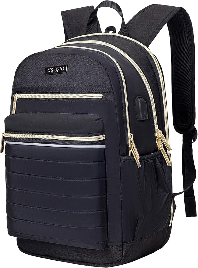 KEOFID Casual Backpack for Women, Work Backpack for Women, Back pack for School College, Carry-On travel backpacks, Anti-Theft Womens backpacks, School bookbag for girls(Black and Gold)