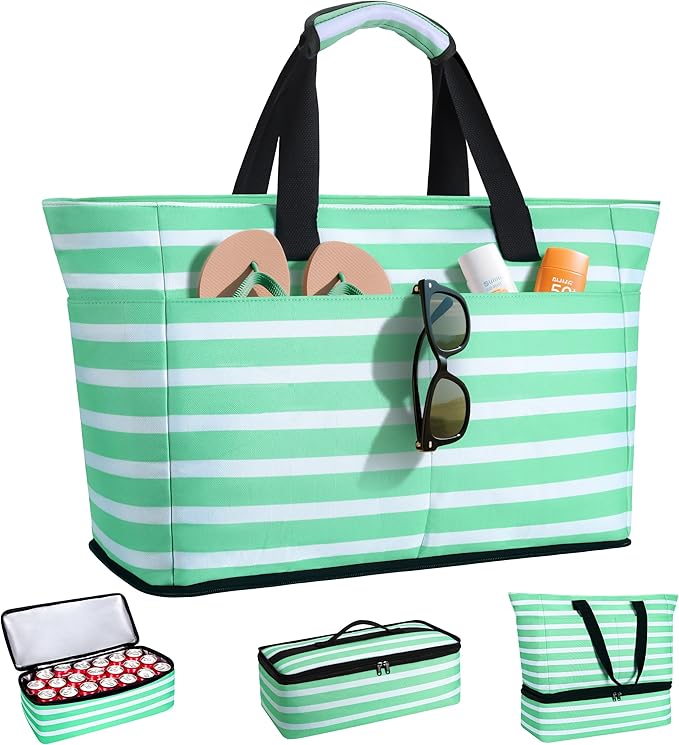 ISEYOU Beach Bag with Cooler, 49L Large Family Beach Tote with Zipper, Waterproof Sandproof Beach Bags for Women and Men, Foldable Lightweight Travel Bag for Pool, Picnic, Gym