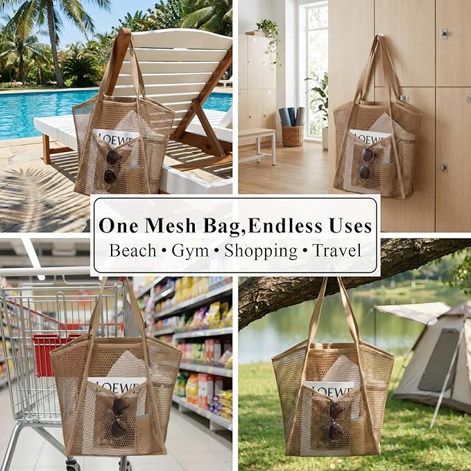 F-color Mesh Beach Bag Family - Large Tote Bag 9 Pockets for Swim Pool Toys Cruise Beach Vacation Essentials