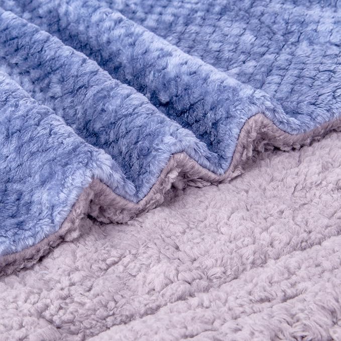 Fuzzy Sherpa Reversible Blanket for Baby, Soft Warm Cozy Coral Fleece Toddler, Infant or Newborn Reversible Blanket for Crib, Stroller, Travel, 30”×40”, Pearl Blue