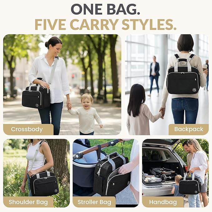 Mellories 4 in 1 Convertible Diaper Bag Tote For Baby Boys and Girls - Converts Into Diaper Backpack, Baby Tote, Stroller Bag and Crossbody Diaper Bag - Black Baby Travel Bag - Gift for Mom