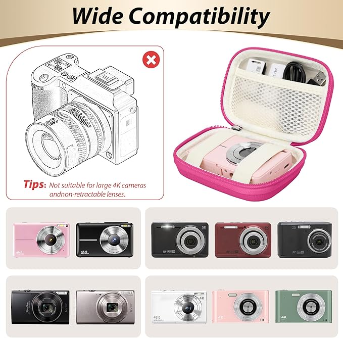 Digital Camera Case for CAMKORY, KODAK PIXPRO FZ45/FZ55, Canon IXUS 285 HS, Lecran, Small Travel Compact Camera Holder with Mesh Pocket for Accessories SD Card (Rose Pink)