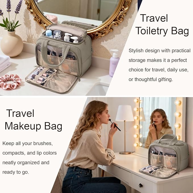 Travel Toiletry Bag for Women, Lightweight Large Quilted Puffy Makeup Bag Wide-open Make up Organizer Cloud Cosmetic Bag w/Handle for Traveling, Toiletries, Essentials, Accessories Oatmeal