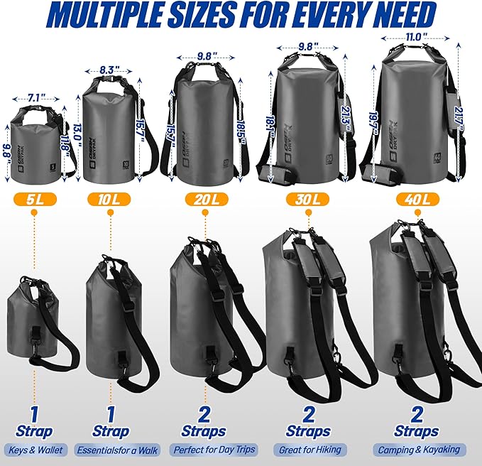 Waterproof Dry Bag, 5L/10L/20L/30L/40L Roll Top Lightweight Storage Backpack with Phone Case for Women & Men, Floating Waterproof Sack for Travel, Swimming, Kayaking, Paddle Board, Camping & Beach