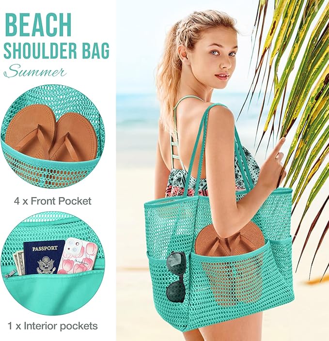 KPX Beach Bag with Mini Pocket, Beach Tote Bags for Women Large Foldable Mesh Swimming Pool Travel Bags - Sandproof