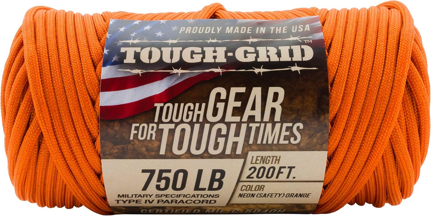 TOUGH-GRID 750 Paracord Rope Nylon Parachute Cord, Made in USA Survival Kit, Outdoor Adventures, Camping, Tactical Gear & Emergency Supplies, Military Type IV Mil-Spec