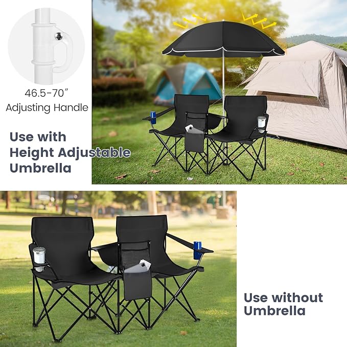 KOTEK Double Camping Chair, Folding Camp Chair with Removable Umbrella, Cup Holders, Cooler Bag, Side Pocket & Carry Bag, 2-Person Beach Chair for Outdoor, Sports, Concerts, Travel, Picnic (Black)