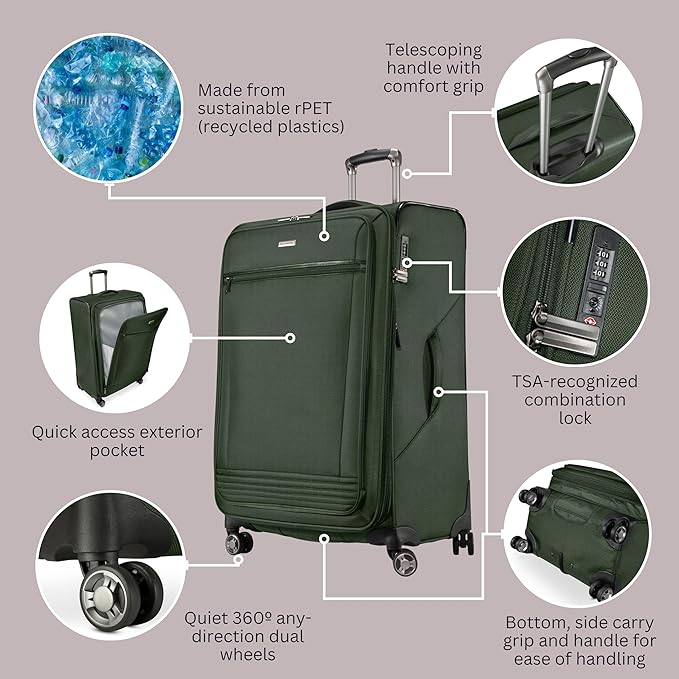 Ricardo Beverly Hills Avalon Softside 2-Piece Luggage Set Made with Sustainable 100% Recycled PET (rPET), Lightweight, Eco-Friendly Travel, Expandable, Dual Spinner Wheels, Juniper Green, (20" & 24")