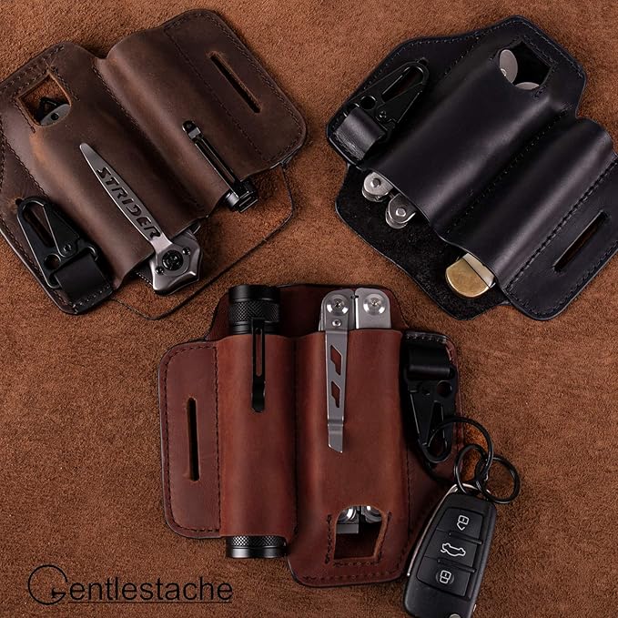 Gentlestache Leather Sheath for Leatherman Multitool Sheath EDC Pocket Organizer with Key Holder for Belt and Flashlight Sheath Multitool Pouch Darkbrown