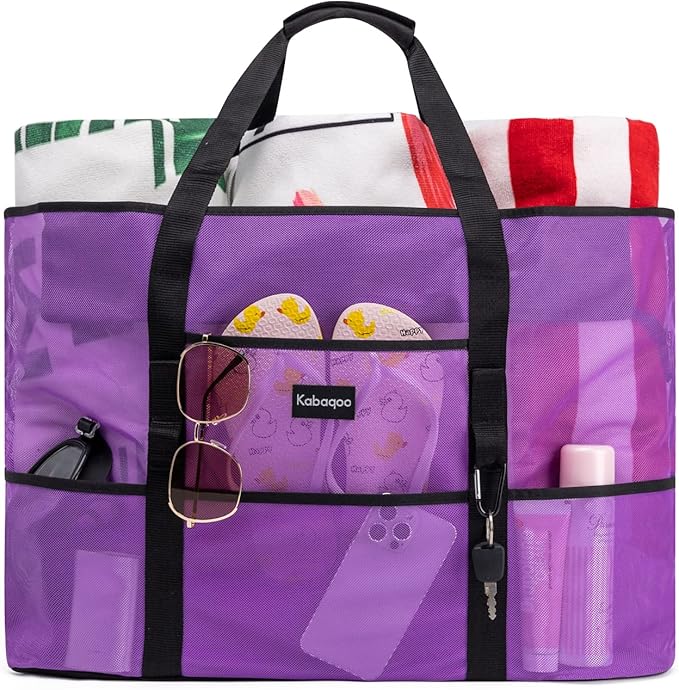KABAQOO Mesh Beach Bag, Extra Large Beach Bags with 9 Pockets & Zipper Waterproof Lightweight Beach Tote for Beach/Pool Trip | Extra Large, 9 Pockets, Zipper, Waterproof, Lightweight, Beach/Pool Trip