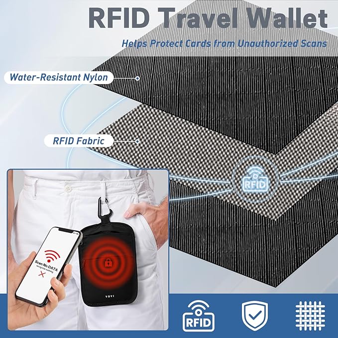RFID Hidden Travel Wallet Belt Wallet – Large Capacity Passport Holder & Hidden Money Pouch, 3-Zone Organizer Anti-Theft Waist Wallet with Dual Clip Belt & Carabiner