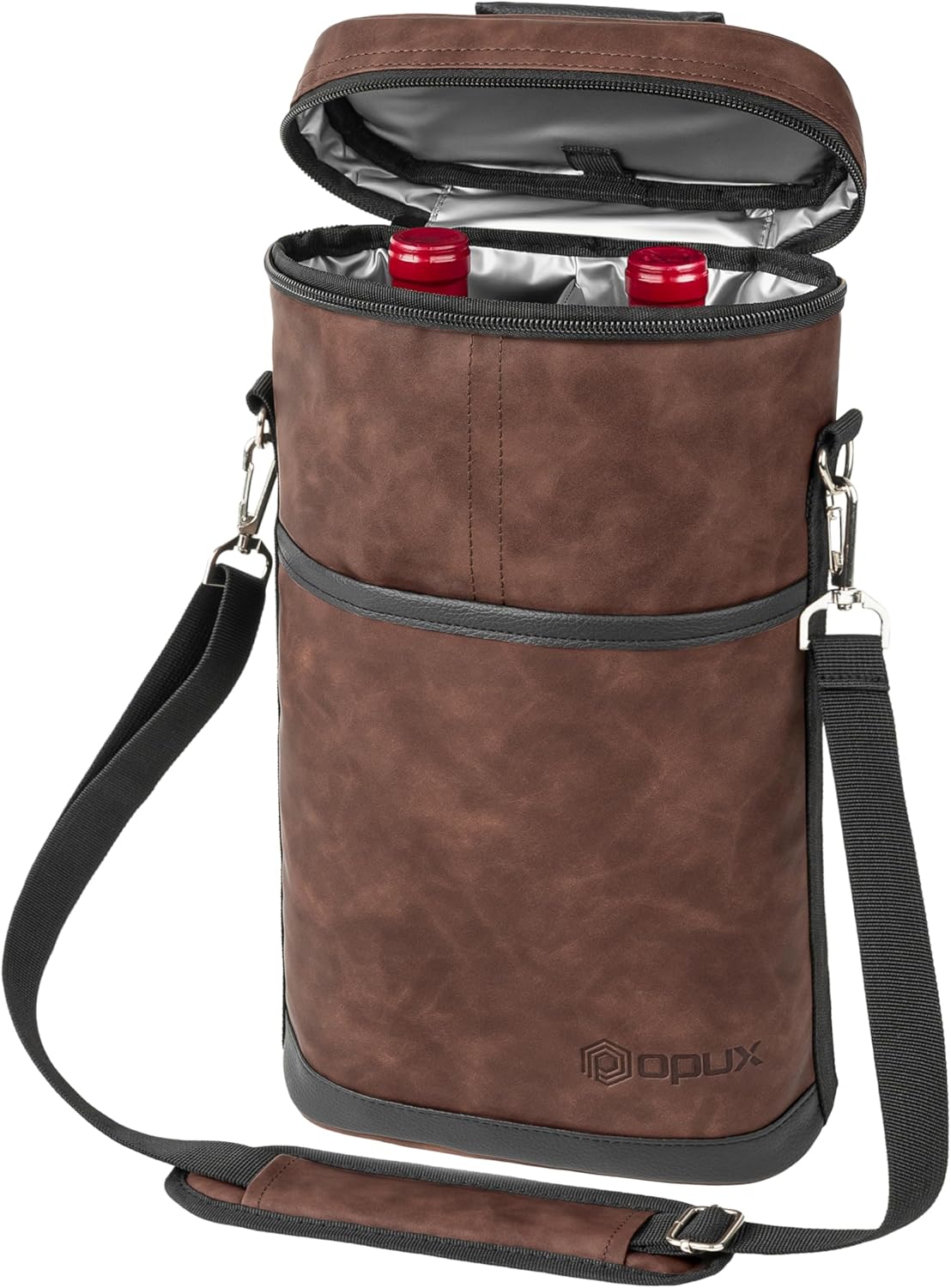 opux 2 Bottle Wine Carrier Tote, Insulated Leakproof Wine Cooler Bag, Wine Travel Bag for Picnic BYOB Beach, Portable Wine Bottle Carrying Case, Gift for Wine Lover Women Men Christmas, Brown Leather