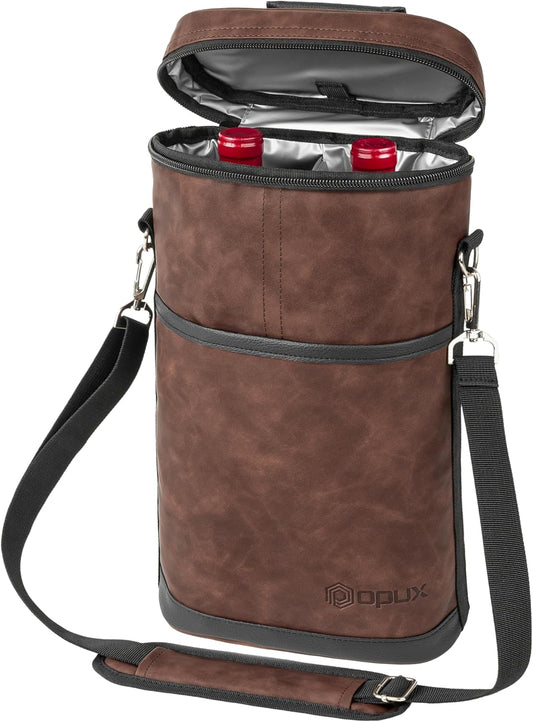 opux 2 Bottle Wine Carrier Tote, Insulated Leakproof Wine Cooler Bag, Wine Travel Bag for Picnic BYOB Beach, Portable Wine Bottle Carrying Case, Gift for Wine Lover Women Men Christmas, Brown Leather